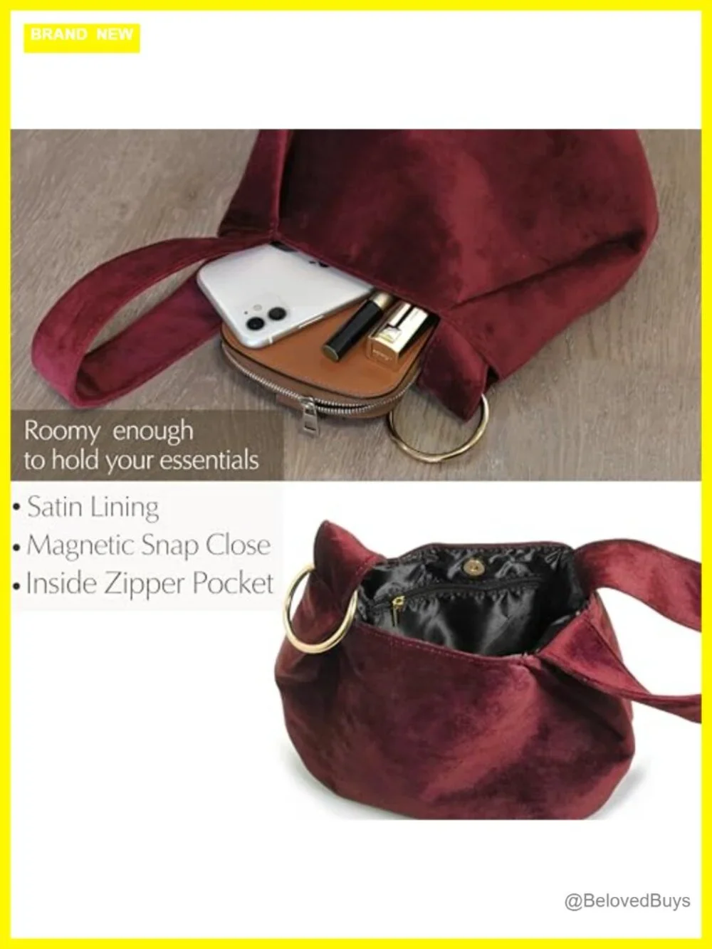 Velvet Top Handle Bucket Clutch Wristlet Purse